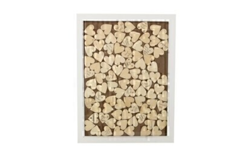 <p>This modern take on a Wedding Guest Book is a lovely keepsake which you can hang in your home for years to come. Have your guests write their names or a little message on a wooden heart and then insert them into the frame. Made by designer Gisela Graham and would make an ideal gift for the Happy Couple. Can also be used as an Anniversary Guest Book or to celebrate a special occasion. Size (LxWxD) 30x40x2cm</p>